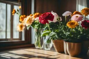 fleurs dans des vases sur une rebord de fenêtre. généré par ai photo