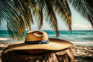 paille chapeau sur le plage. généré par ai photo