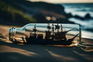 une navire dans une bouteille sur le plage. généré par ai photo