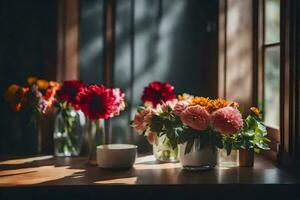 fleurs dans des vases sur une rebord de fenêtre. généré par ai photo