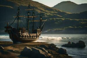 une pirate navire est séance sur le rive. généré par ai photo