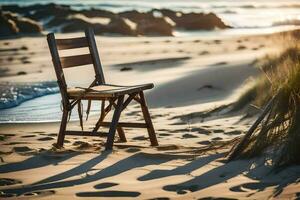 une chaise est assis sur le plage à le coucher du soleil. généré par ai photo