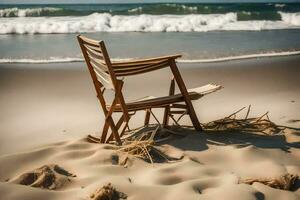 une en bois chaise est assis sur le le sable près le océan. généré par ai photo