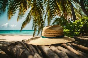 une paille chapeau sur une plage. généré par ai photo