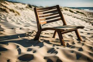 une en bois chaise est assis sur le le sable près le océan. généré par ai photo