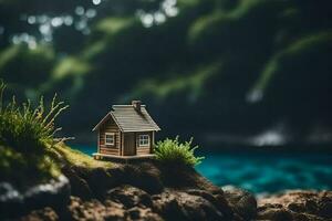 petit maison sur le rochers. généré par ai photo