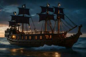une pirate navire dans le océan à crépuscule. généré par ai photo