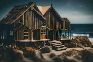 une miniature maison sur le plage avec rochers et sable. généré par ai photo