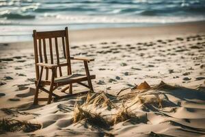 une en bois chaise est assis sur le plage près le océan. généré par ai photo