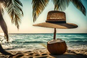 une noix de coco et paille chapeau sur le plage. généré par ai photo