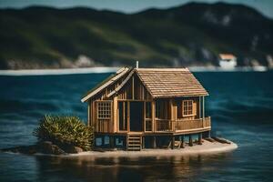 une minuscule maison sur un île dans le milieu de le océan. généré par ai photo