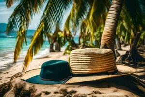 deux Chapeaux sur le plage près paume des arbres. généré par ai photo