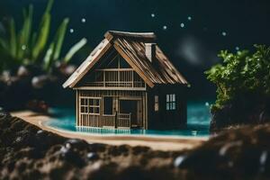 une miniature maison sur une étang entouré par les plantes. généré par ai photo