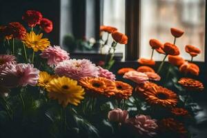 fleurs dans une vase par le la fenêtre. généré par ai photo