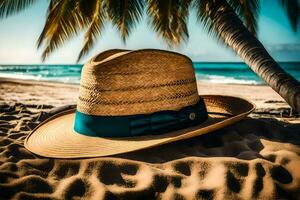 une paille chapeau sur le plage avec paume des arbres. généré par ai photo