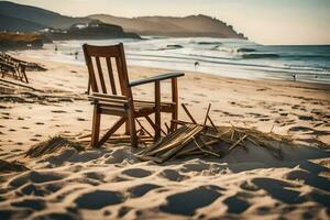 une chaise est assis sur le plage près le océan. généré par ai photo