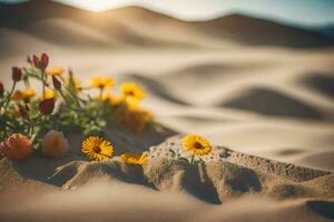 le désert fleurs sont épanouissement dans le sable. généré par ai photo