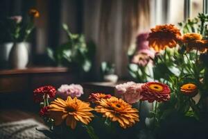 fleurs dans une vase sur une table dans de face de une la fenêtre. généré par ai photo