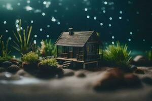 minuscule maison dans le forêt à nuit. généré par ai photo