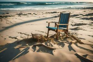 une chaise sur le plage avec une panier sur il. généré par ai photo