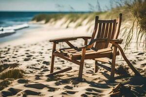 une en bois chaise est assis sur le plage près le océan. généré par ai photo