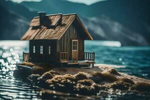 une petit en bois maison sur une petit île dans le milieu de le océan. généré par ai photo