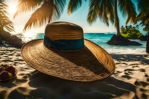 une paille chapeau sur le plage avec paume des arbres. généré par ai photo