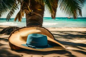 une chapeau et une noix de coco sur le plage. généré par ai photo