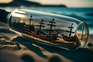 navire dans une bouteille, sable, plage, coucher de soleil, coucher de soleil, sable, bateau, sable,. généré par ai photo