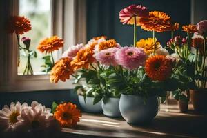 fleurs dans des vases sur une rebord de fenêtre. généré par ai photo