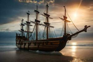 une pirate navire sur le plage à le coucher du soleil. généré par ai photo