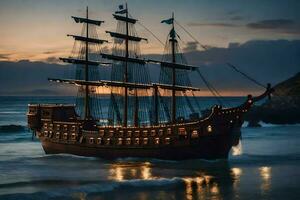 une pirate navire est voile sur le océan à le coucher du soleil. généré par ai photo