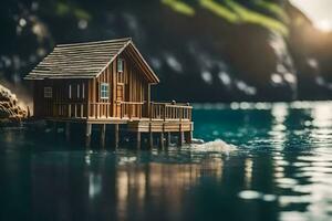 une miniature maison est assis sur une Dock dans le l'eau. généré par ai photo