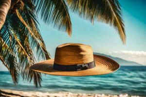 une chapeau sur le plage avec paume des arbres. généré par ai photo