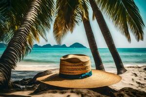une paille chapeau est assis sur le le sable près paume des arbres. généré par ai photo