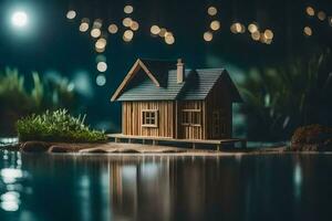 une petit en bois maison est assis sur une petit île dans le l'eau. généré par ai photo