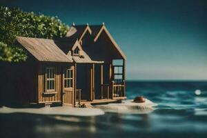 une miniature maison sur le plage par le océan. généré par ai photo