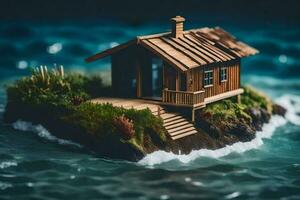 une miniature maison sur un île dans le océan. généré par ai photo