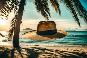 une chapeau sur le plage avec paume des arbres. généré par ai photo