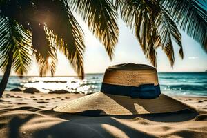 une chapeau est assis sur le le sable près paume des arbres. généré par ai photo