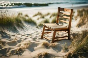 une en bois chaise est assis sur le le sable près le océan. généré par ai photo