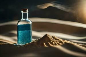 une bouteille de bleu liquide séance sur Haut de une le sable dune. généré par ai photo