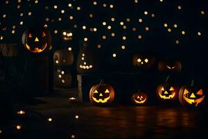 Halloween citrouilles dans le foncé avec lumières. généré par ai photo