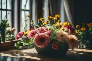 une vase de fleurs séance sur une table dans de face de une la fenêtre. généré par ai photo