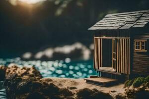 une miniature en bois maison sur le rive de une lac. généré par ai photo