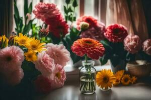 fleurs dans une vase sur une rebord de fenêtre. généré par ai photo