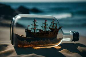 une navire dans une bouteille sur le plage. généré par ai photo