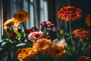 fleurs dans le la fenêtre. généré par ai photo