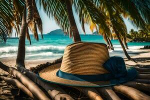 une chapeau est assis sur le plage près paume des arbres. généré par ai photo