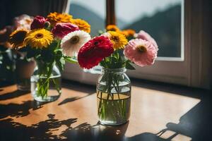 fleurs dans une verre pot sur une tableau. généré par ai photo